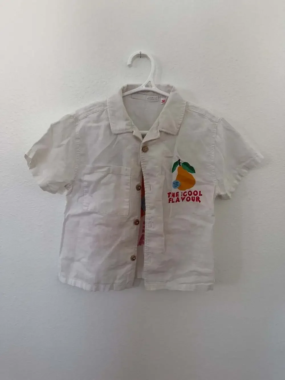 Zara Boys White Short Sleeve Button-Up Shirt with Pear Fruit Graphic Print